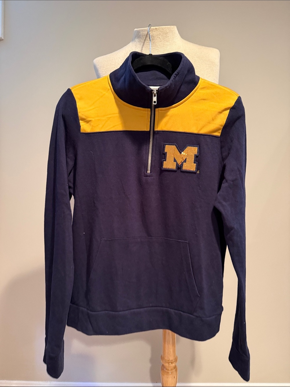 PINK Victoria's Secret Navy and Maize Quarter-Zip Pullover with 'M' Patch